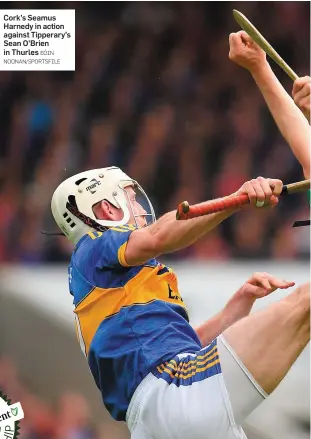  ?? EÓIN NOONAN/SPORTSFILE ?? Cork’s Seamus Harnedy in action against Tipperary’s Sean O’Brien in Thurles