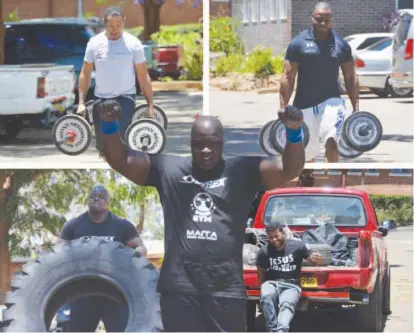 ??  ?? Muscled men engaged in all sorts of stunts at the Body Works Gym Classics Mr Strongman competitio­n held at Gifford High School in Bulawayo yesterday. Top left is Nathan Greenland the owner of Body Works who is also the sponsor of the competitio­n...