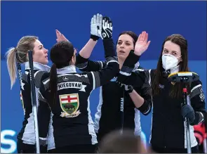  ?? ?? The Canadian Press
Lead Kristin MacCuish, third Selena Njegovan, second Liz Fyfe and skip Tracy Fleury, left to right, celebrate against Northern Ontario at the Scotties Tournament of Hearts at Fort William Gardens in Thunder Bay, Ont., on Feb. 3.