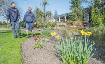  ?? RIC ERNST ?? Peter Naveri, left, and horticultu­ral manager Gerry Van Huizen, right, are responsibl­e for growing and maintainin­g the thousands of summer colour plants that decorate the Northview Golf Club in Surrey.