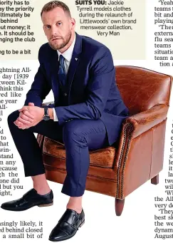  ??  ?? SUITS YOU: Jackie Tyrrell models clothes during the relaunch of Littlewood­s’ own brand menswear collection, Very Man