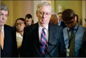  ?? ASSOCIATED PRESS ?? SENATE MAJORITY LEADER Mitch McConnell of Ky., joined by Sen. Roy Blunt, R-Mo. (left) pauses as he holds his first news conference Tuesday on Capitol Hill in Washington since the Republican health care bill collapsed last week due to opposition within...