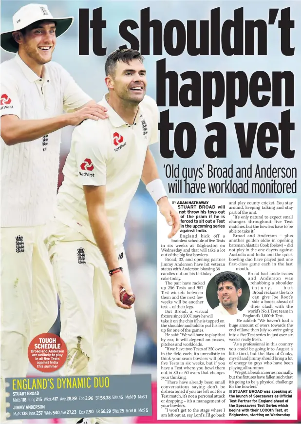  ??  ?? TOUGH SCHEDULE Broad and Anderson are unlikely to play in all five Tests against India this summer