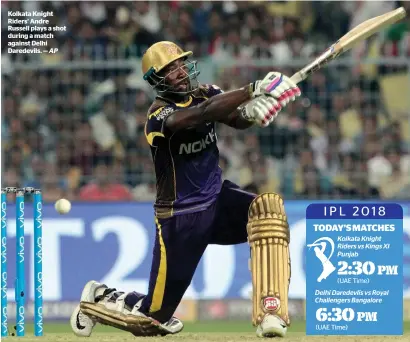  ?? — AP ?? Kolkata Knight Riders’ Andre Russell plays a shot during a match against Delhi Daredevils.