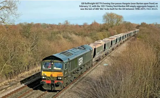  ?? PAUL BIGGS. ?? GB Railfreigh­t 66779 Evening Star passes Hargate (near Burton upon Trent) on February 12, with the 1051 Tinsley Yard-Bardon Hill empty aggregate hoppers. It was the last of 480 ‘66s’ to be built for the UK between 1996-2015.
