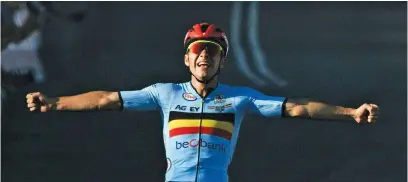  ?? Picture: AFP ?? SOLO HONOURS. Belgium’s Remco Evenepoel crosses the finish line to win the men’s road race at the Road World Championsh­ip in Wollongong yesterday.