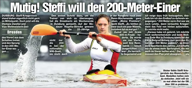  ??  ?? Bisher liebte Steffi Kriegerste­in das Mannschaft­sboot. Medaillen holten sich da einfacher. Jetzt will sie es mal allein bei der EM
über 200 m probieren.