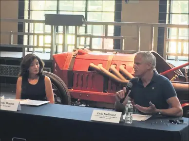  ?? GLENN GRIFFITH — MEDIANEWS GROUP ?? Lt. Gov. Kathy Hochul listens to NYS Commission­er of Parks Erik Kulleseid discuss how state parks are doing in Phase 4 of the reopening at a tourism roundtable Monday