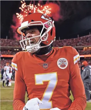  ?? BRYNN ANDERSON/AP ?? Chiefs kicker Harrison Butker celebrates after the AFC championsh­ip game against the Bengals on Jan. 29 in Kansas City, Mo.