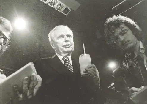  ?? PAUL PARK
UNIVERSITY OF SASKATCHEW­AN ARCHIVES ?? Glass of milk in hand, former prime minister John Diefenbake­r after the 1979 victory of Progressiv­e Conservati­ve Joe Clark.