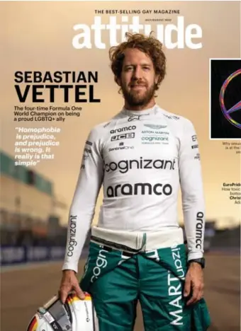  ?? FOTO MERCEDES
FOTO ATTITUDE ?? Het logo van Mercedes komt de komende drie races in regenboogk­leuren.
Sebastian Vettel op de cover van een gay-magazine.