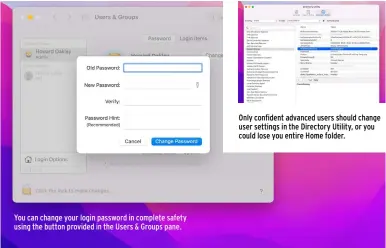  ?? ?? You can change your login password in complete safety using the button provided in the Users & Groups pane.
Only confident advanced users should change user settings in the Directory Utility, or you could lose you entire Home folder.