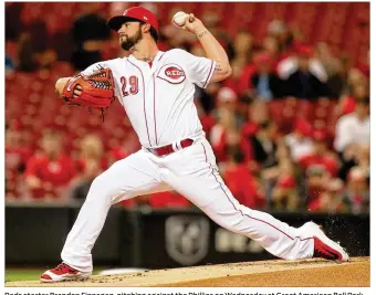  ?? DAVID JABLONSKI / STAFF ?? Reds starter Brandon Finnegan, pitching against the Phillies on Wednesday at Great American Ball Park, retired 19 straight batters before leaving the game in the seventh inning.