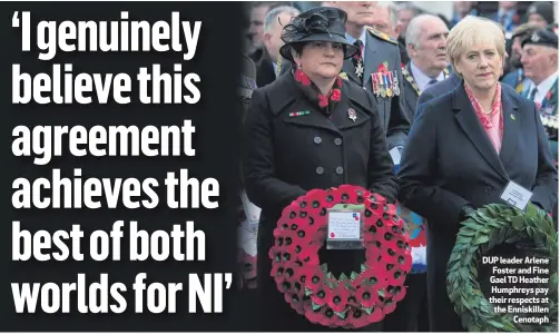  ??  ?? DUP leader Arlene Foster and Fine Gael TD Heather Humphreys pay their respects at the Enniskille­nCenotaph