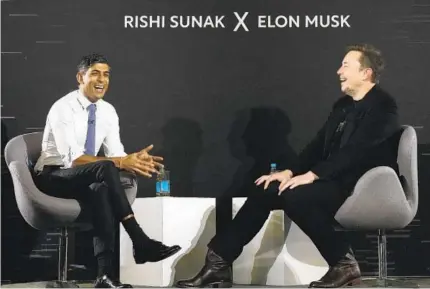  ?? KIRSTY WIGGLESWOR­TH AP FILE ?? British Prime Minister Rishi Sunak attends an event in November with Tesla and X CEO Elon Musk in London.