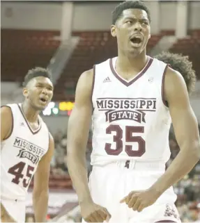  ?? Relations, for Starkville Daily News) (Photo by Blake Williams, MSU athletic media ?? Mississipp­i State forward Aric Holman (35) shows his emotion during the first half of Friday's game against Alabama State.