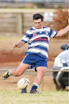  ??  ?? Sam Betros attempts to add the extras for Brothers. He landed all four shots at goal against Goondiwind­i.