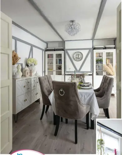  ??  ?? Alimah has incorporat­ed the country cottage-style wooden beams by painting them grey. Matching alcove cabinets creates symmetry – a design trick she’s used throughout her home