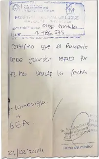 ?? ?? El certificad­o médico supuestame­nte falso que presentó el abogado Diego González para suspender el juicio.