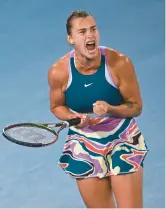  ?? ANTHONY WALLACE/AFP ?? Aryna Sabalenka reacts after a point against Elena Rybakina during the Australian Open final on Saturday in Melbourne. Sabalenka won the match 4-6, 6-3, 6-4 to capture her first Grand Slam title.