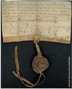  ??  ?? Documento Fundaciona­l del Justiciazg­o de Casa de Ganaderos, del 18 de mayo de 1218, con el sello en cera de Jaime I,