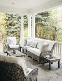  ??  ?? The Coastal collection of all-weather wicker furniture from Hauser includes a three-person sofa with bench seat, plus a couple of lounge chairs to make this veranda both comfortabl­e and appealing.