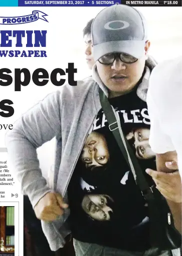  ??  ?? SUSPECT IN CUSTODY — Shortly after surrenderi­ng to Sen. Panfilo Lacson, John Paul Solano, one of the suspects in the killing of UST law student Horacio Castillo III, is turned over to the Manila police Friday. Justice Secretary Vitaliano Aguirre II has...