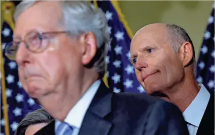 ?? ANNA MONEYMAKER/GETTY IMAGES ?? Florida U.S. Sen. Rick , right, and Senate Minority Leader Mitch McConnell during a news conference in September 2022.