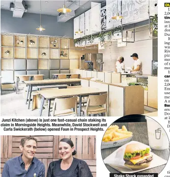  ??  ?? Shake Shack expanded its empire to Morningsid­e Heights this summer. Junzi Kitchen (above) is just one fast-casual chain staking its claim in Morningsid­e Heights. Meanwhile, David Stockwell and Carla Swickerath (below) opened Faun in Prospect Heights.