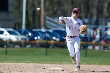  ?? JAMES THOMAS PHOTO ?? Westford’s Tyler Frazee throws the ball to first for an out after fielding a ground ball during the third inning during a 2-1 win over Acton-boxboro.