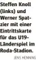  ?? JENS HENNING ?? Steffen Knoll (links) und Werner Spatzier mit einer Eintrittsk­arte für das U19Länders­piel im Roda-Stadion.