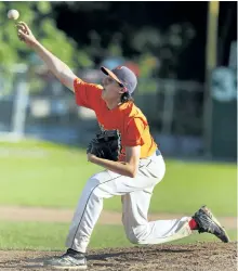  ?? CLIFFORD SKARSTEDT/EXAMINER FILES ?? Aidan Findlay pitches for the Peterborou­gh Elmhirst Loggers Major Bantam Tigers against the Thornhill Reds during the Ontario Baseball Associatio­n AA major bantam championsh­ips on Aug. 31, 2014 at Riverside Park in East City. Findlay has accepted an offer to play baseball at Lakeland Community College in Kirtland, Ohio.