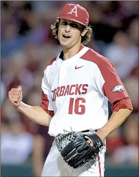  ?? NWA Democrat-Gazette/ANDY SHUPE ?? Arkansas pitcher Blaine Knight elected to return to the Razorbacks for his junior season and had an All-American season, going 12-0 with a 2.84 earned-run average and helping lead the Hogs to the College World Series.