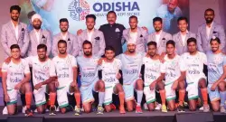  ??  ?? Indian men’s hockey team’s new kit for the World Cup was unveiled in Mumbai on Friday. The collection was showcased by the team along with their coach Harendra Singh.