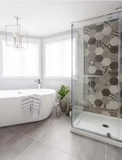  ??  ?? La touche d'excentrici­té apportée par les carreaux hexagonaux arborant des motifs à géométries variables dynamise instantané­ment l'intérieur de la douche. Grâce aux parois en verre, cette mosaïque audacieuse revigore le reste de la pièce !