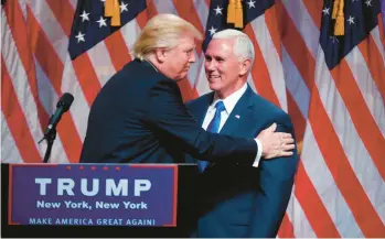  ?? DOUG MILLS/THE NEW YORK TIMES ?? Donald Trump announces his running mate, then-Indiana Gov. Mike Pence, on July 15, 2016, in New York. In his memoir,“So Help Me God,” the former vice president looks back on his career and where it might be headed.