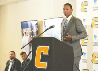  ?? STAFF FILE PHOTO BY TIM BARBER ?? UTC's new men's basketball coach Lamont Paris speaks at a news conference at the school on April 4. Two prospectiv­e guards asked to be released from their letters of intent immediatel­y after the new coach was announced, generating questions about what...