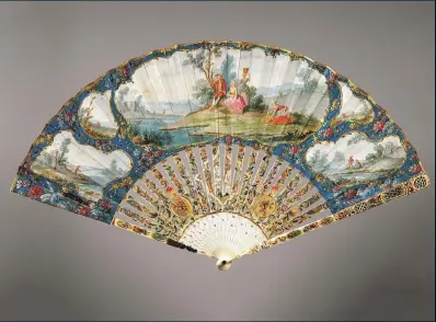  ??  ?? FANNING THE TREND Above, a hand-painted paper fan with decorated ivory ribs from 1760’s France. Le , Queen Elizabeth I’s portrait includes a fan fashioned from feathers
