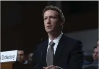  ?? JOSE LUIS MAGANA/ASSOCIATED PRESS ?? Meta CEO Mark Zuckerberg testifies before the Senate Committee on the Judiciary on Big Tech and the Online Child Sexual Exploitati­on Crisis hearing in Washington, D.C., on Jan. 31.