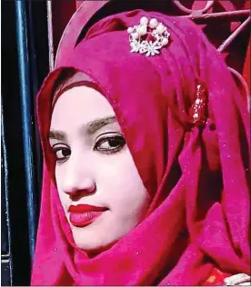  ??  ?? VICTIM: Nusrat Rafi, 19, was murdered after accusing headteache­r Siraj-ud-Daula, left, of sexual assault