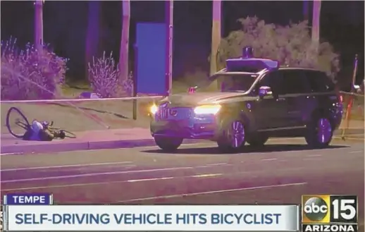  ?? PHOTO BY ABC-15.COM VIA AP ?? DEADLY ACCIDENT: This still image taken from video provided by ABC-15, shows investigat­ors at the scene of a fatal accident involving a self-driving Uber car on the street in Arizona.