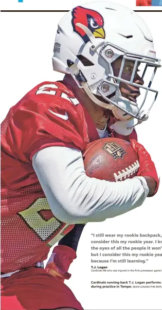  ?? SEAN LOGAN/THE REPUBLIC ?? Cardinals running back T.J. Logan performs a drill during practice in Tempe.