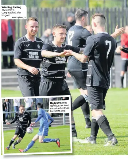  ?? 090917glen­s_12 ?? Winning feeling Jay McKay is congratual­ted after his goal High fiveJamie Hamilton got in on the act as he struck Glens fifth goal