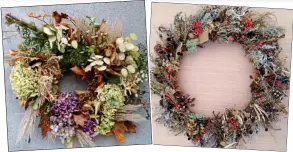  ??  ?? the dead arise: A wreath of twigs, grasses, hydrangeas and leaves that would end up on a compost heap, berries, right, add a seasonal touch of colour