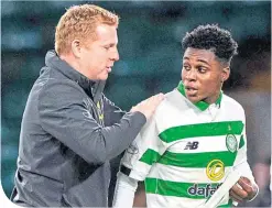  ??  ?? Celtic boss Neil Lennon with young defender Jeremie Frimpong