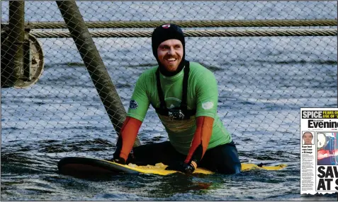  ??  ?? Matthew Bryce returns to the waves after an epic 30 hour ordeal at sea earlier this year. Below, how the Evening Times reported the nail-biting rescue in May