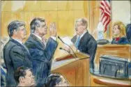 ?? DANA VERKOUTERE­N VIA AP ?? This courtroom sketch depicts former Donald Trump campaign chairman Paul Manafort, center, and his defense lawyer Richard Westling, left, before U.S. District Judge Amy Berman Jackson, seated upper right, at federal court in Washington, Friday as prosecutor­s Andrew Weissmann, bottom center, and Greg Andres watch.