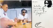  ??  ?? CITA EN BOGOTÁ.
Un agente infiltrado de la DEA filmó un encuentro de Santrich en su casa con un emisario del cartel de Sinaloa (izq.). A la derecha, un dibujo que el exguerrill­ero envió al jefe del cartel, Rafael Caro, dedicado “con aprecio y...