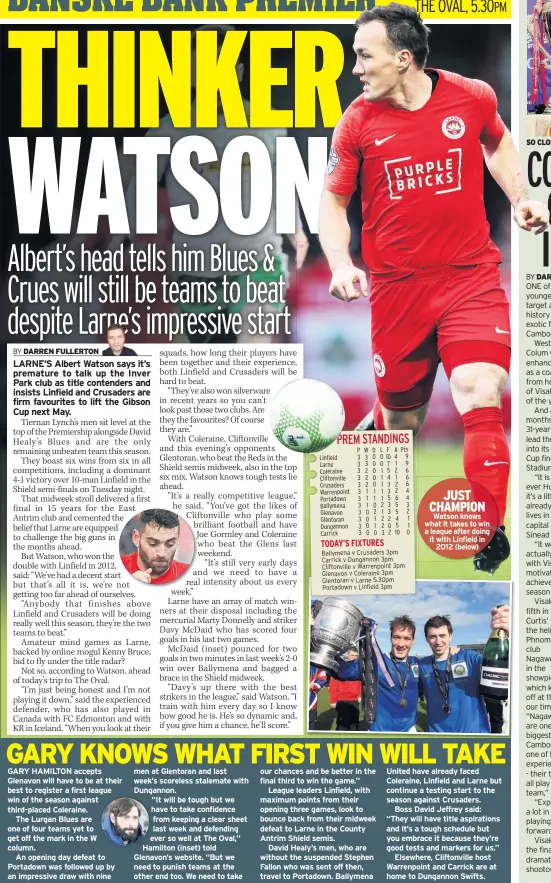  ??  ?? Watson knows what it takes to win a league after doing it with Linfield in 2012 (below)