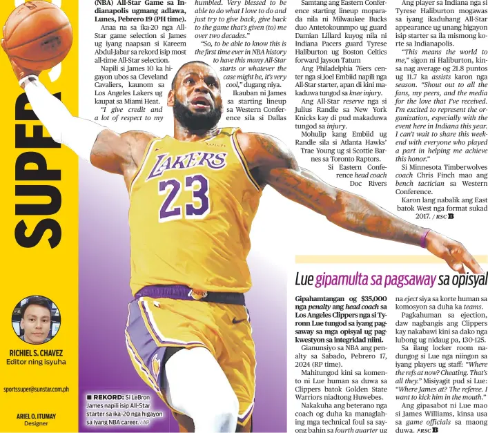  ?? / AP ?? ■ REKORD: Si LeBron James napili isip All-Star starter sa ika-20 nga higayon sa iyang NBA career.